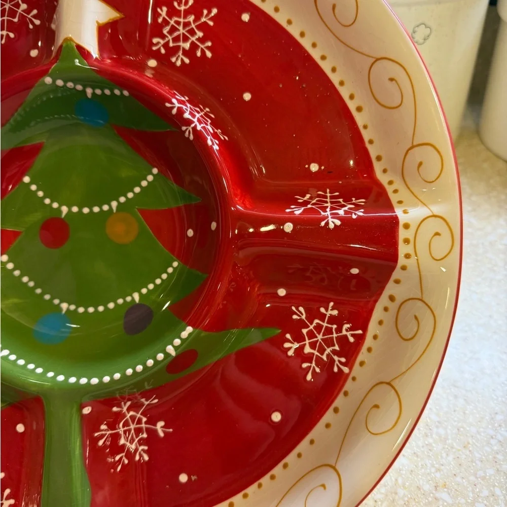 Pier 1 Hand-Painted Christmas Tree Holiday Divided Dish Hand Painted 13.5